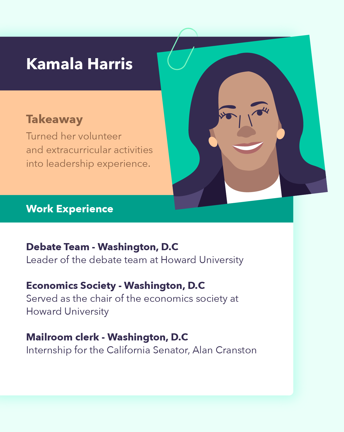 An illustration of Kamala Harris' first job resume.