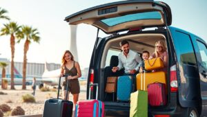 A family unloads colorful luggage from a rented van at Las Vegas Airport. A woman in a dress pulls a suitcase, while a man and a woman with a child in her arms gather bags. Palm trees and an airplane on the tarmac can be seen in the background under a clear blue sky.