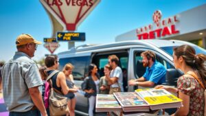 A group of people stands near a parked van outside a building with a "Las Vegas" sign, likely discussing Van Rentals. One person holds an open magazine with visible pages featuring text and images. A woman in a floral outfit is nearby, carrying pamphlets. The scene is sunny and busy, perfect for your upcoming van rental adventure.