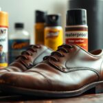 Polished brown smooth leather dress shoes on a table, surrounded by various shoe care products, including waterproofing spray and better alternatives labeled "Helaint," "Gayert," and "Heaterproof.