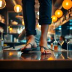 A person standing barefoot on a bar counter wearing rolled-up jeans in a dimly lit bar. The counter is lined with various bottles, and some patrons are blurred in the background, with hanging lights overhead.