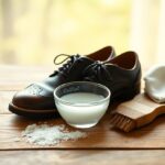 A pair of polished black dress shoes sit on a wooden surface next to a small bowl of soapy water, a brush, and a cloth. Salt is scattered nearby, suggesting a shoe cleaning process.