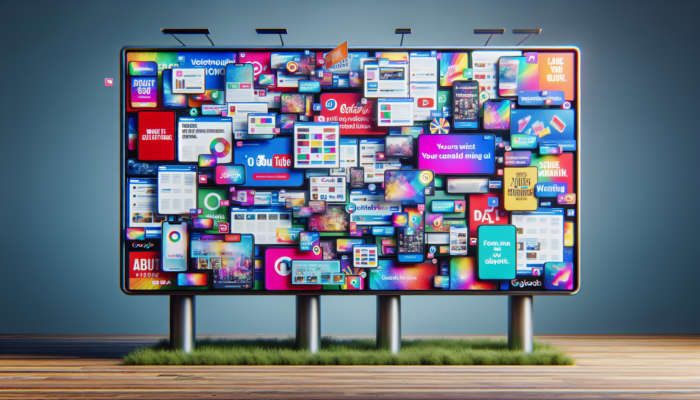 Digital billboard showcasing various online ads in vibrant colors with dynamic transitions.