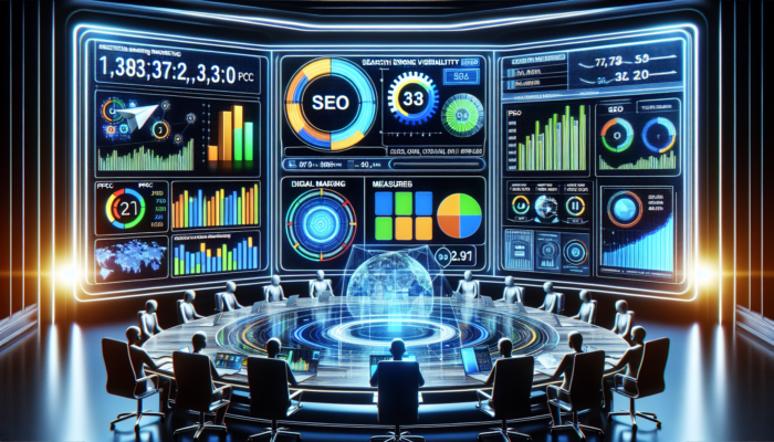 A digital marketing dashboard displaying PPC and SEO metrics alongside colorful graphs on a futuristic interface.