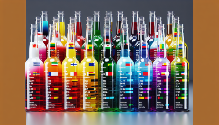 Colorful liquid levels in bottles showing global BAC limits, labeled by country.