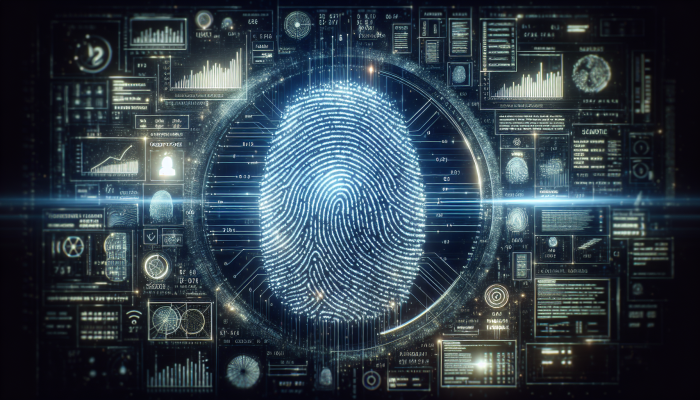 Glowing fingerprint with numbers and graphs, representing credit score's impact on finance.