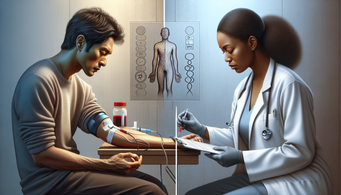 Image comparing blood tests for stress measurement with self-reported questionnaires, illustrating objective versus subjective methods.