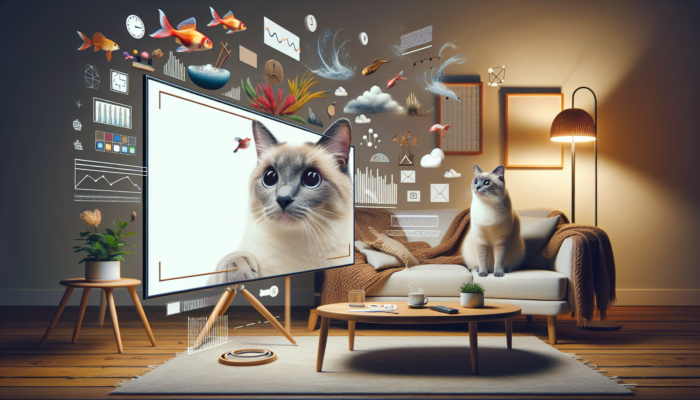 A cat watching engaging videos of birds, fish, and animations on a screen in a cozy living room.