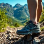 Close-up of a person's legs wearing hiking shoes standing on a rocky trail. The trail leads through mountainous terrain visible in the background, under a clear blue sky. Greenery surrounds the path, and the focus is on the footwear.