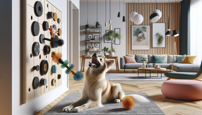 Dog joyfully engaging with durable Potaroma wall-mounted chew toy in a stylish living room.