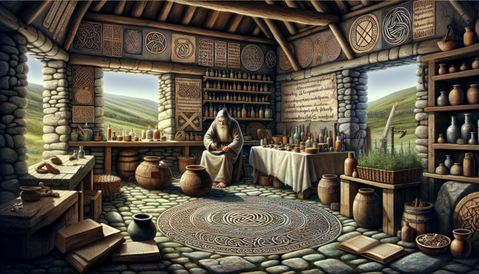 A 10th-century Anglo-Saxon apothecary utilizing local herbs and ancient texts like Bald's Leechbook in a rustic British environment.