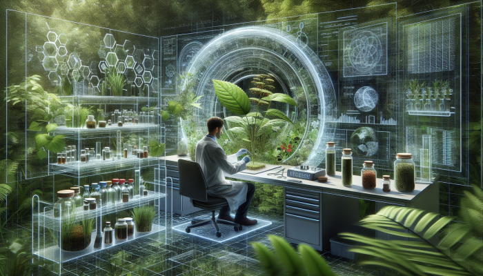 A scientist analyzing herbs in a laboratory, surrounded by equipment and greenery, merging modern science with traditional herbalism.