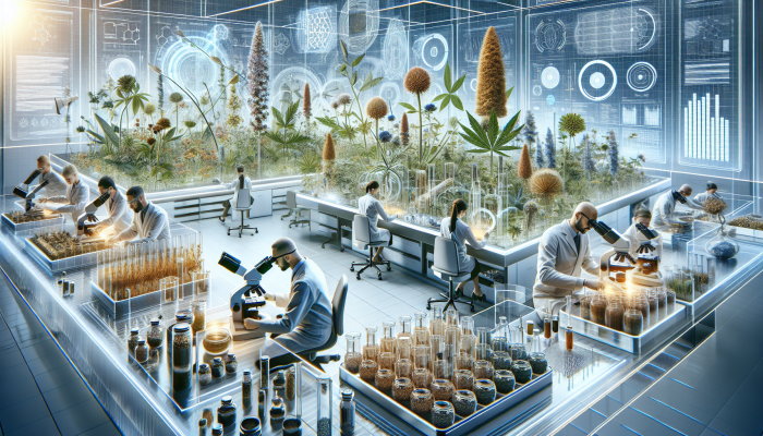 Scientists and herbalists at the University of Exeter collaborating over microscopes and plants, integrating traditional and modern methodologies.