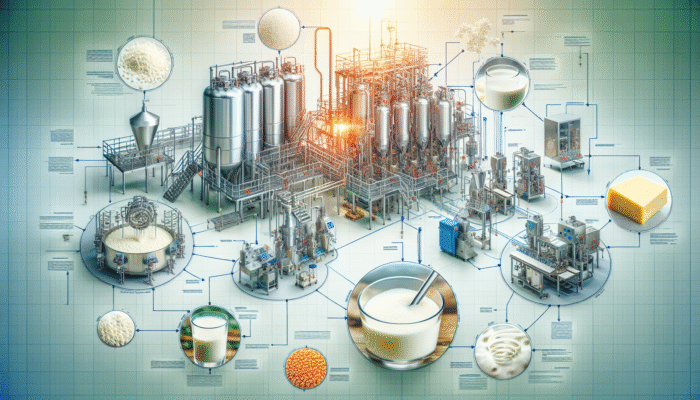 A visual guide showing whey protein production from milk to supplement, focusing on extraction and processing in a modern facility.
