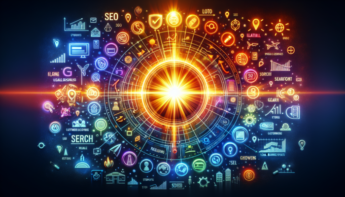 A Google Business Post interface showing rising SEO metrics, surrounded by icons representing search engines and local businesses.