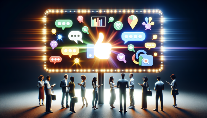 A vibrant digital billboard displaying interactive Google Business Posts with diverse customers engaging and discussing.