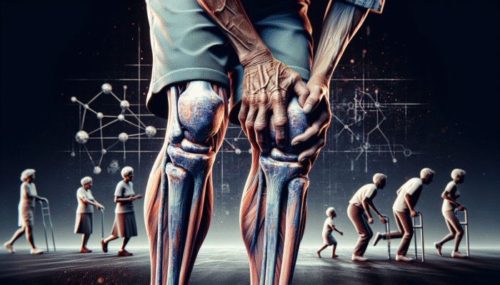 Joint Supplements for Seniors: Elderly person experiencing knee cartilage deterioration, illustrating stiffness and decreased flexibility, struggling with daily activities.