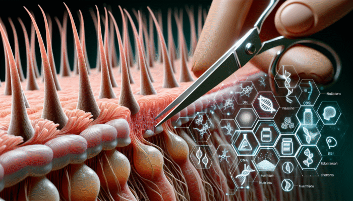 Hair Treatment Myths: Hair follicles and genetic helixes with nutritional icons, scissors cutting hair in background.