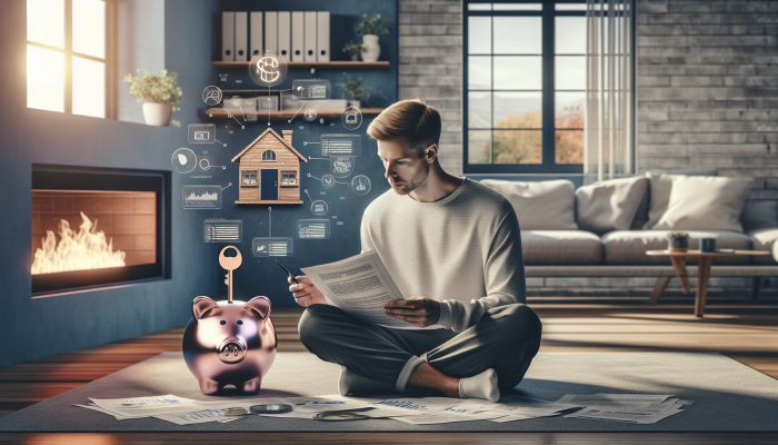 A homeowner reviewing financial documents at home, with symbols of equity like a house key and piggy bank.