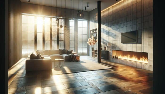 Modern living room showcasing underfloor heating, warm stone tiles, creating a dust-free, serene atmosphere that enhances mood and comfort.