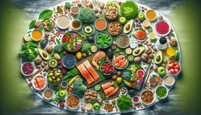A table of salmon, avocados, nuts, and greens for strong, shiny hair.