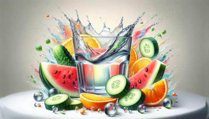 A glass of water with cucumber, orange, and watermelon slices, symbolizing hydration for hair health.