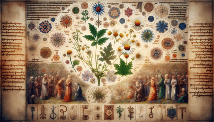 Medieval manuscript featuring illustrations of chamomile, nettle, willow bark, and ancient healers, highlighting the UK's herbal history.