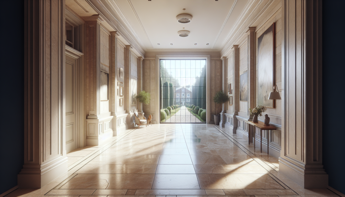 Sturdy travertine tiles in a luxurious UK home hallway, showcasing natural stone texture and lasting beauty.