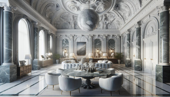 Luxurious interior featuring Carrara, Statuario, and unique green marbles from Wales and Scotland, showcasing elegance and versatility.