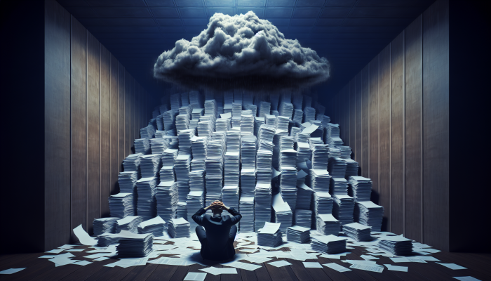 A person overwhelmed by debt, surrounded by bills, with a dark cloud symbolizing anxiety and depression.