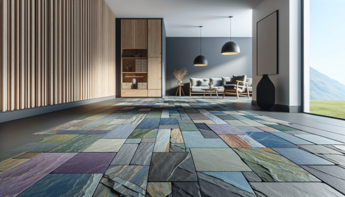 Slate Floor Maintenance: Welsh slate flooring in a modern UK home, showcasing a variety of deep blues, purples, greens, and greys.