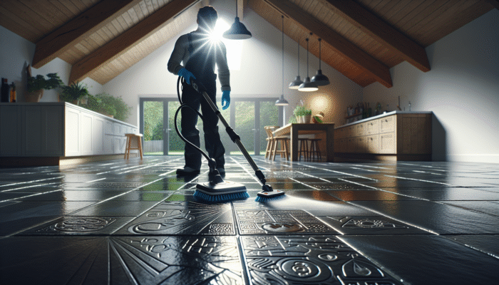A person cleaning a UK slate floor with eco-friendly products, highlighting the floor's natural sheen in a modern home.