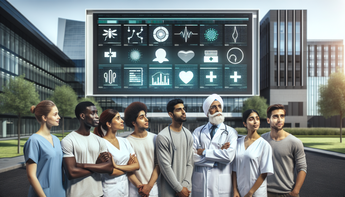 A diverse group exploring treatment options on a digital screen outside a modern UK medical facility.