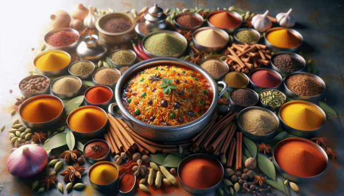 A colorful kitchen scene with spices and a steaming pot of biryani.