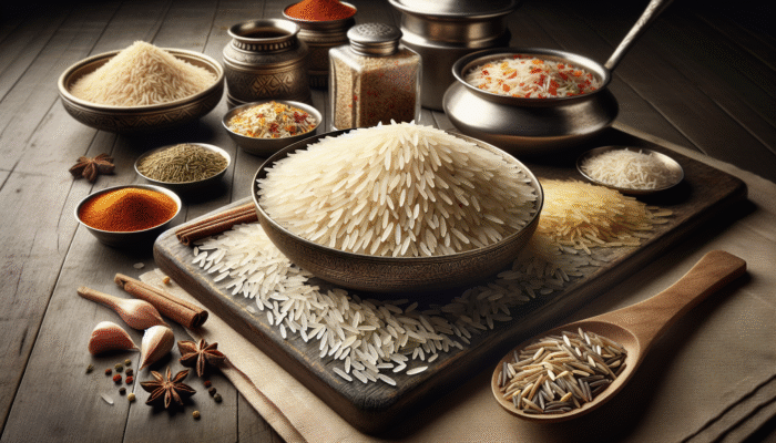 Aromatic basmati and seeraga samba rice with spices and biryani utensils, showcasing texture and fragrance.