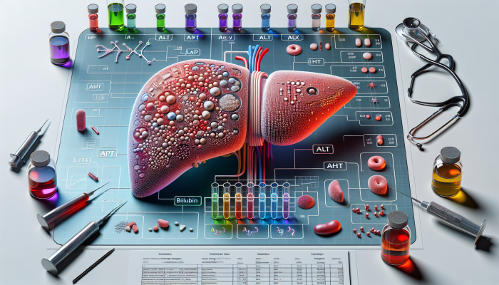 Advanced Liver Blood Test in Salford: Illustration of a liver with labeled sections showing enzyme levels and surrounding medical test elements.