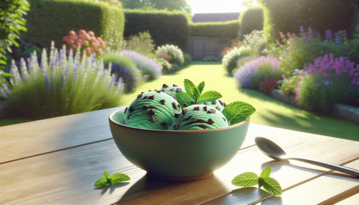 A vibrant bowl of mint chocolate chip ice cream with fresh mint leaves and dark chocolate chips, enjoyed on a sunny UK summer day.