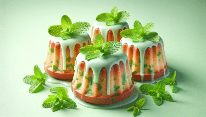 Moist, fluffy mint-infused cakes with mint glaze and sprigs, on a pastel green background.