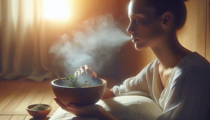 Person inhaling steam from bowl with eucalyptus and peppermint, surrounded by warm mist, for respiratory health.