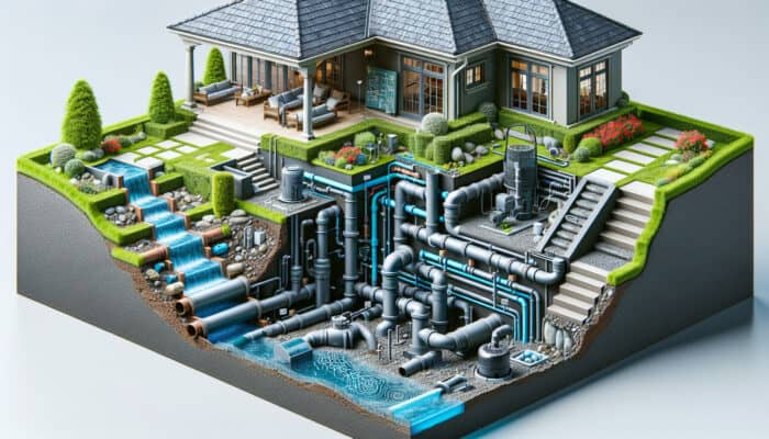 Cutaway view of yard drainage system showing pipes, sump pump, and water flow diagram.