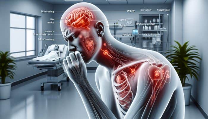 A clinical setting illustrating potential supplement side effects, such as digestive discomfort, headache, allergic reaction, increased heart rate, and water retention.