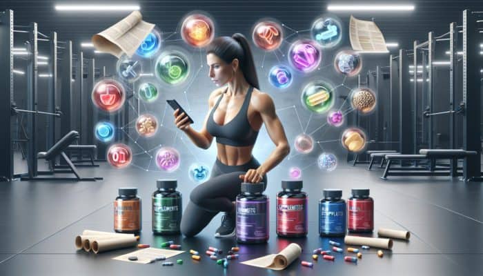 A fitness influencer reviewing supplement labels and research while engaging with followers on a smartphone in a gym.