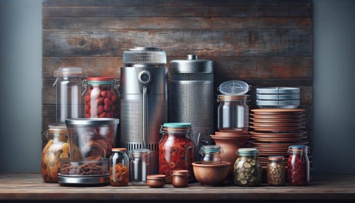 A diverse assortment of food preservation tools on a rustic wooden table, showcasing various methods and vibrant colors.