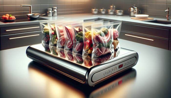 A modern kitchen featuring a vacuum sealer in action, preserving meats, vegetables, and liquids in bags, demonstrating its versatility.