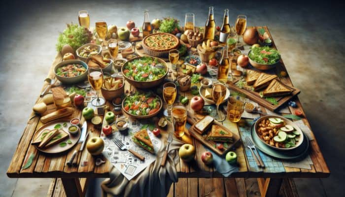 A rustic table adorned with delectable daytime meals such as salads, sandwiches, and craft ciders.