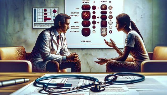 Close-up of ferritin test results with normal ranges, doctor discussing with patient in clinic.