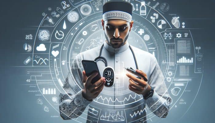 A person in Grimsby using a smartphone to check real-time blood glucose levels with a CGM.