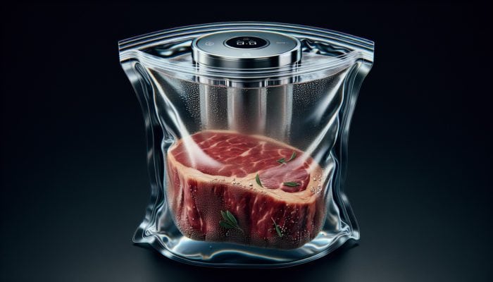 A vacuum-sealed bag containing a steak in a controlled water bath, illustrating sous vide cooking.