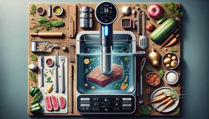 Sous vide machine cooking steak at 55°C and vegetables at 85°C, with easy recipes nearby.