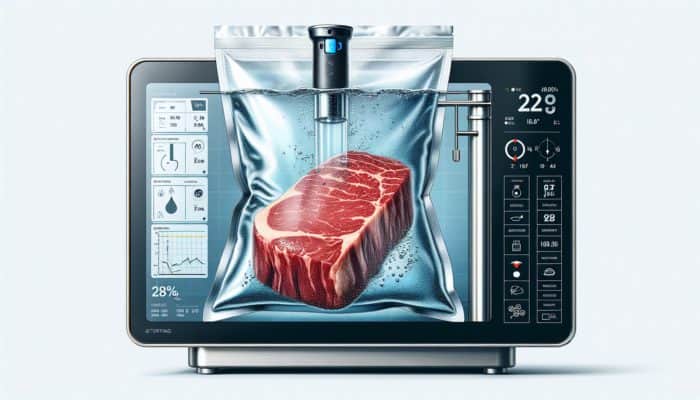 Sous vide setup with a thick ribeye steak in a vacuum-sealed bag, submerged in a controlled water bath.